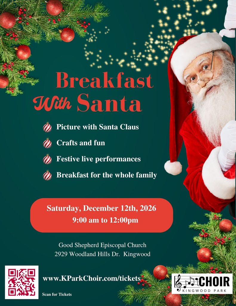 Breakfast with Santa at Good Shepherd Episcopal Church on December 12, 2026, featuring pictures with Santa, crafts, live performances, and breakfast.